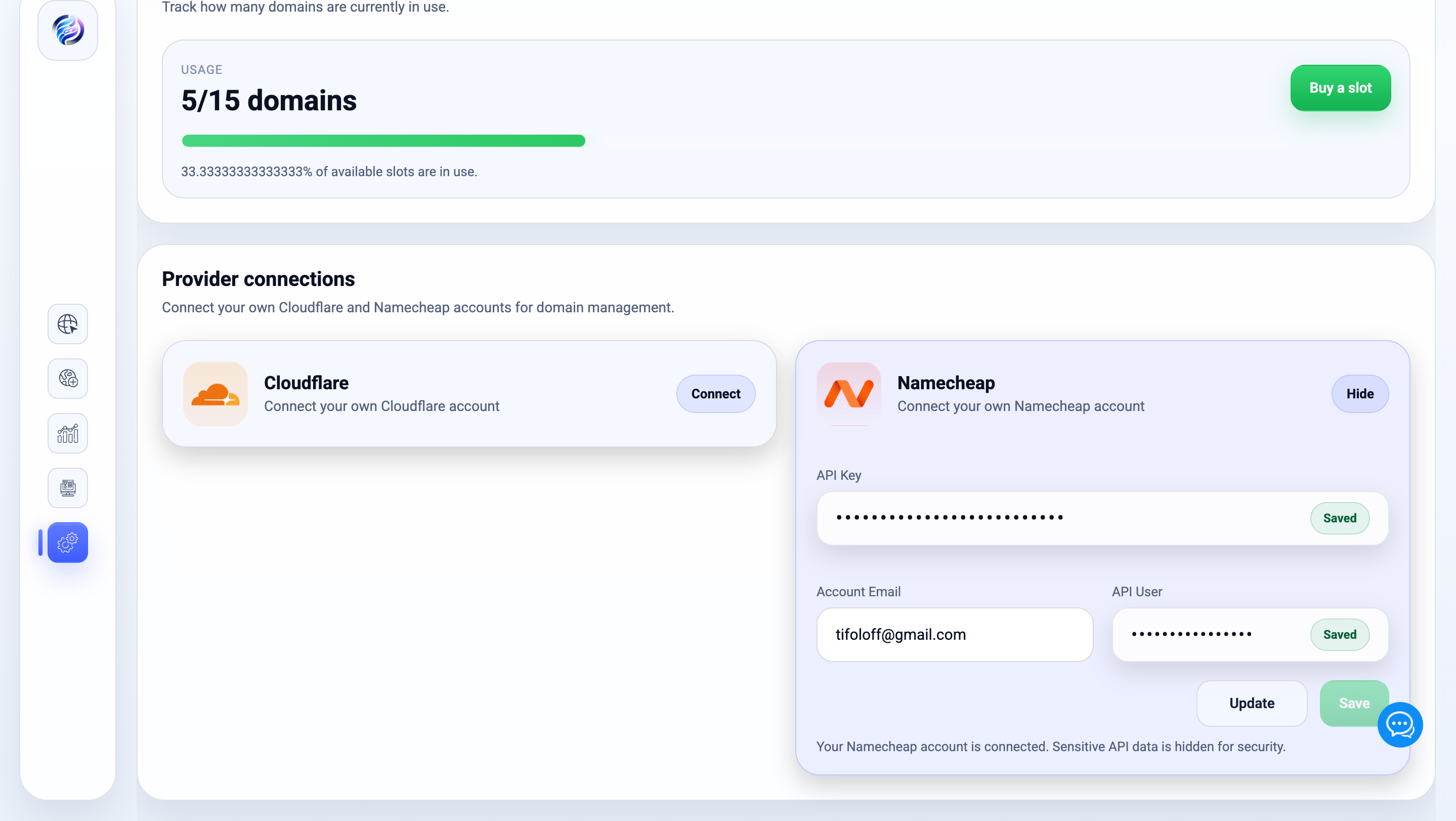Namecheap integration settings in Uplinkly